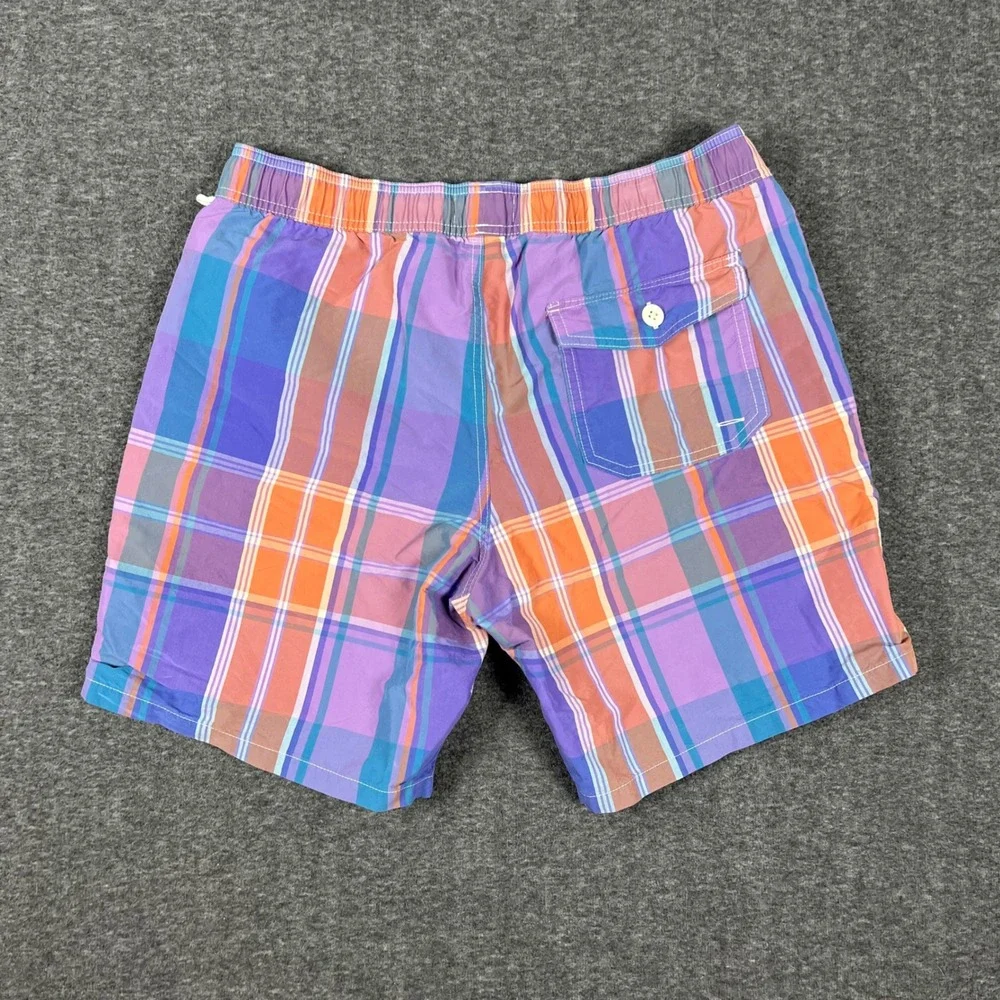 J Crew Swim Trunks Men Medium Purple Orange Madras Plaid Mesh Lined Board Shorts